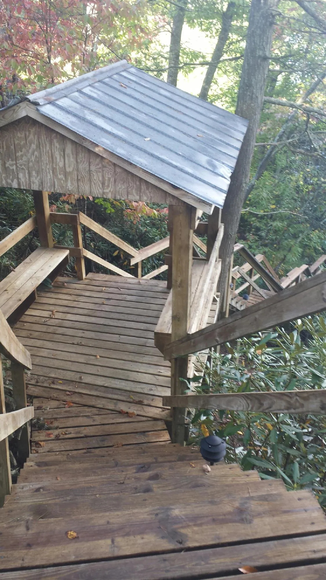 Metal roofed shelter over wooden steps on a wooded walkway — Skylight Repair & Installation work by our crew in Ranson